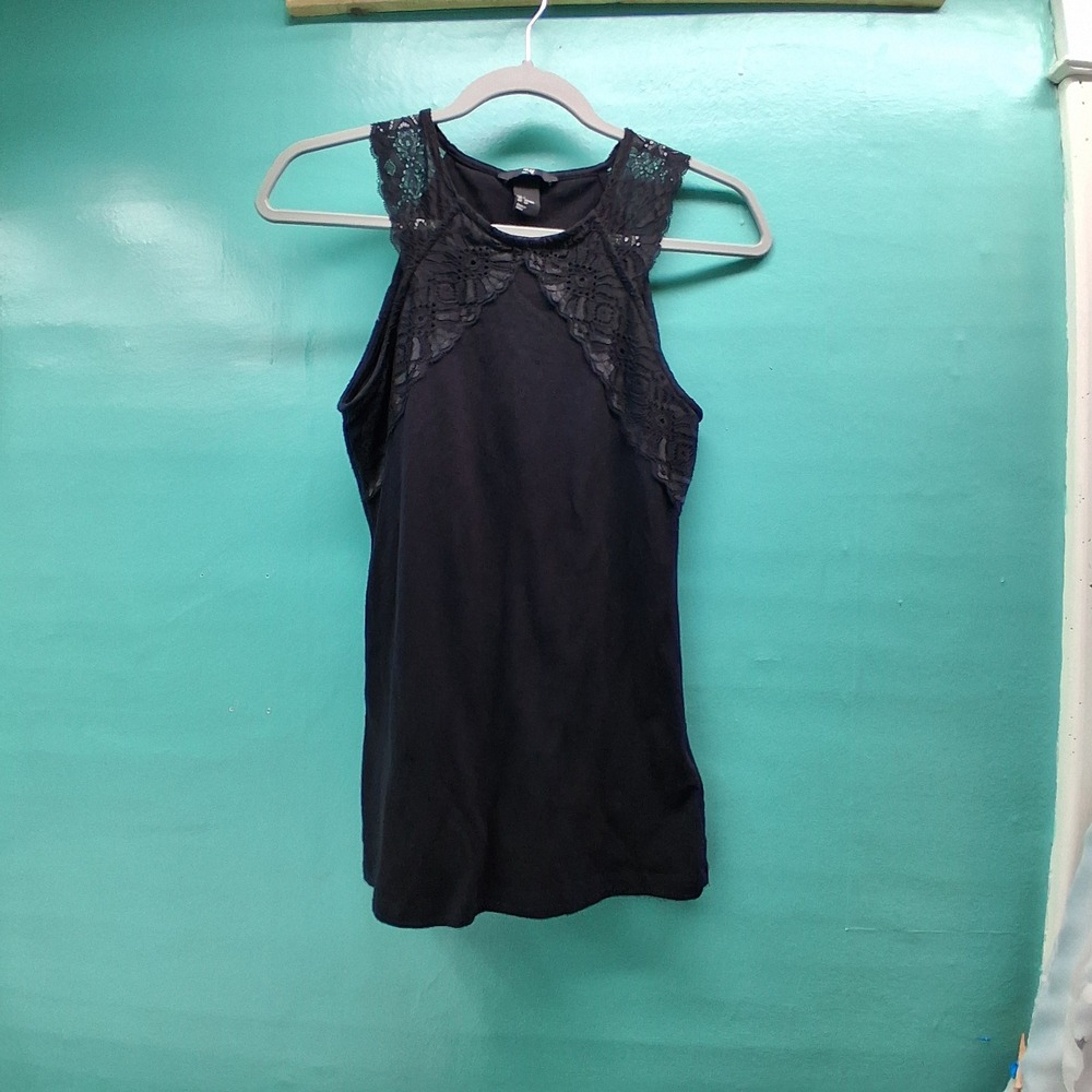 H&M Sleeveless Lace Yoke Top S Black Romantic Goth Halter Neck Tank